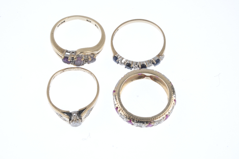 A selection of four 9ct gold diamond and gem-set rings. To include a diamond single-stone ring, an - Image 2 of 3
