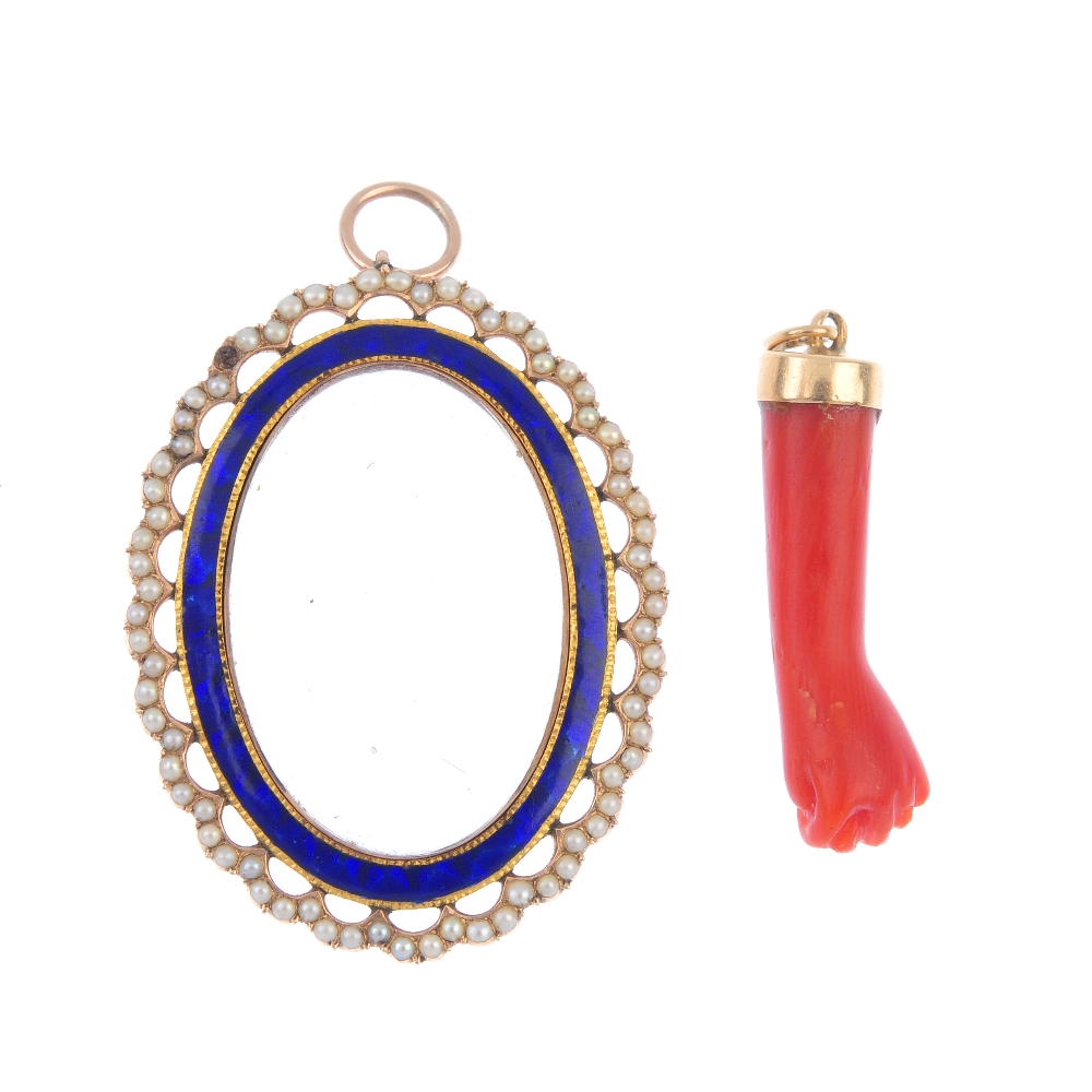 Two pendants. To include an oval-shape photograph pendant with blue enamel border and split pearl