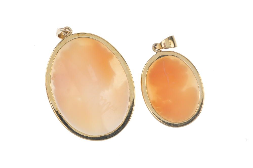 Two shell cameo pendants. Each designed as an oval shell, carved to depict a lady in profile, within - Image 2 of 2