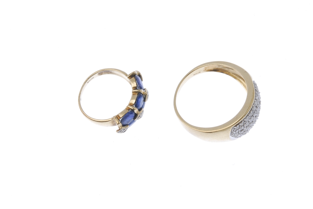 Two 9ct gold diamond and gem-set dress rings. To include an oval-shape sapphire two-row ring with - Image 3 of 4