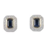 A pair of 9ct gold sapphire and diamond cluster ear studs. Each designed as a rectangular-shape