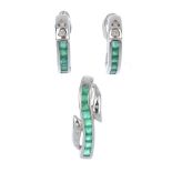 A set of emerald and diamond jewellery. The pendant designed as a calibre-cut emerald curved line