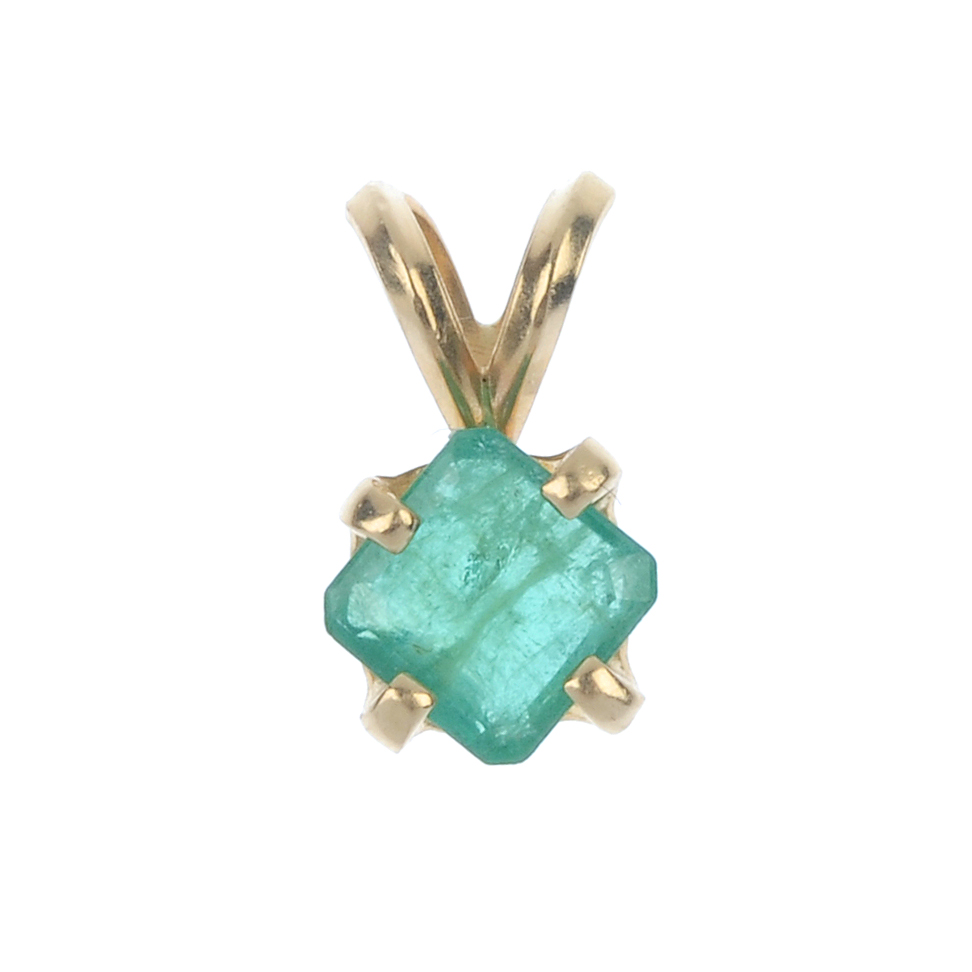 An emerald single-stone pendant. The square-shape emerald, to the bifurcated surmount. Length 1.
