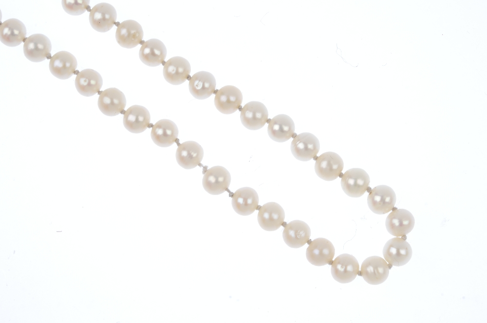A cultured pearl single-strand necklace. Comprising a strand of sixty-eight oval-shape cultured - Image 2 of 3