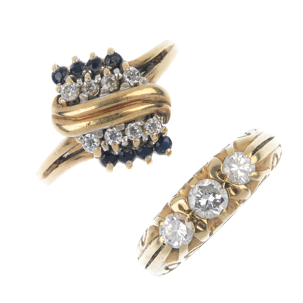 Two 9ct gold diamond rings. To include a graduated brilliant-cut diamond three-stone ring,