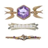 A selection of three gem-set brooches. To include a late 19th century 9ct gold hexagonal-shape