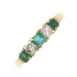 An 18ct gold emerald and diamond ring. Designed as an alternating square-shape emerald and diamond