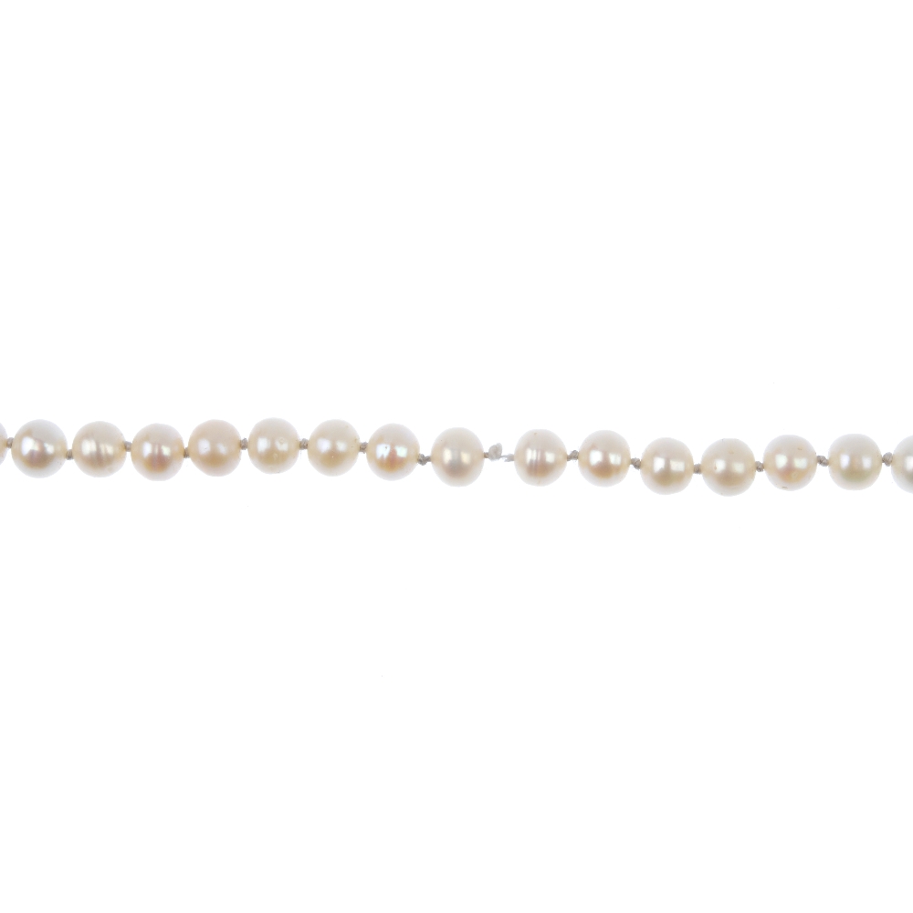 A cultured pearl single-strand necklace. Comprising a strand of sixty-eight oval-shape cultured