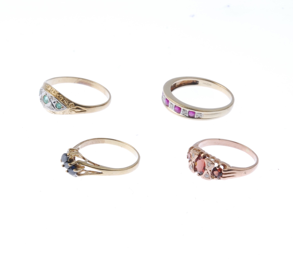 A selection of four diamond and gem-set rings. To include a 9ct gold ruby and diamond half-circle - Image 4 of 4