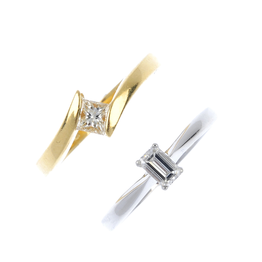 Two 18ct gold diamond single-stone rings. To include a rectangular-shape single-stone ring and a