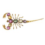 A multi-gem scorpion brooch. The vari-cut multi-gem body, to include vari-colour sapphire and