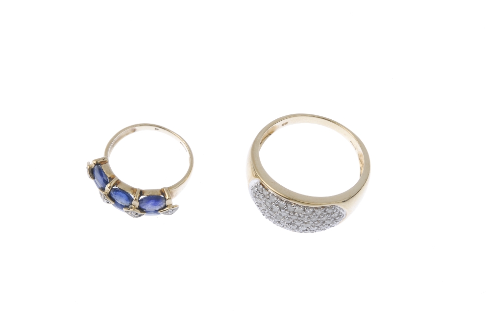 Two 9ct gold diamond and gem-set dress rings. To include an oval-shape sapphire two-row ring with - Image 2 of 4