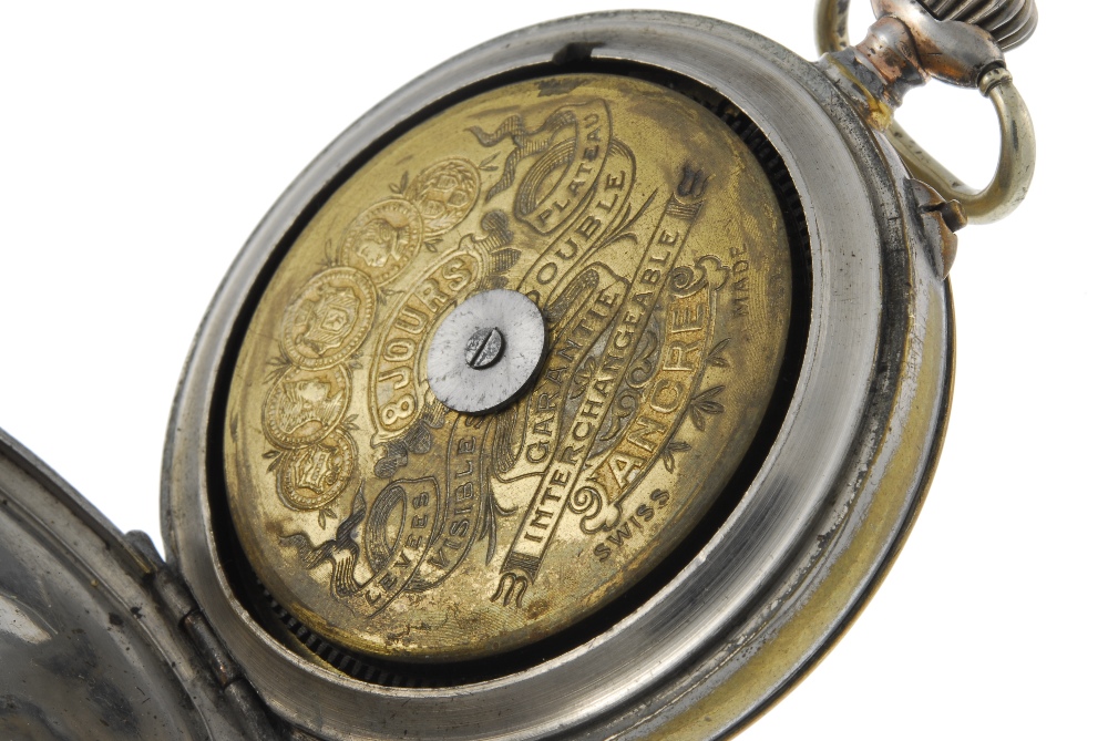 An eight day open face pocket watch. Base metal case. Unsigned keyless wind eight day movement. - Image 3 of 4