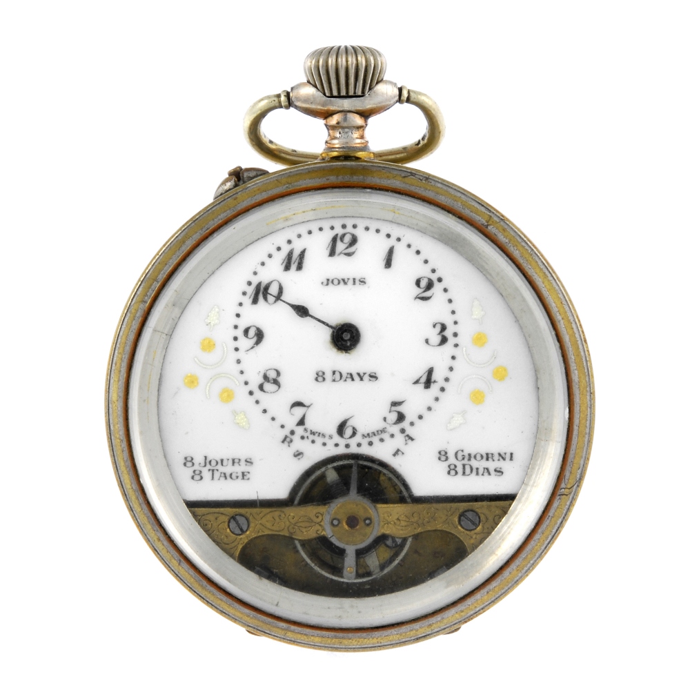 An eight day open face pocket watch. Base metal case. Unsigned keyless wind eight day movement.