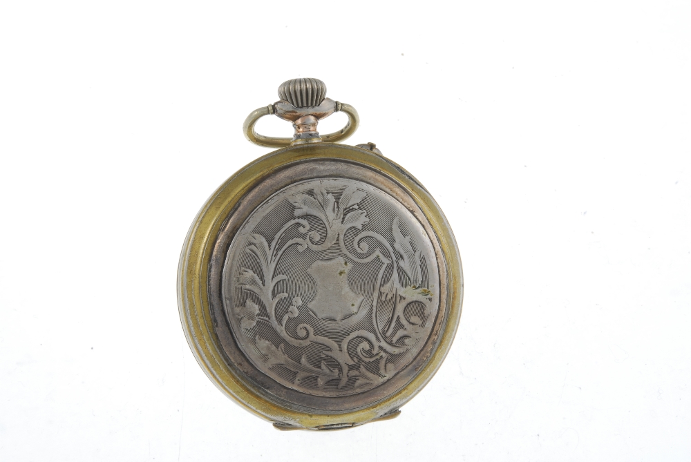 An eight day open face pocket watch. Base metal case. Unsigned keyless wind eight day movement. - Image 2 of 4