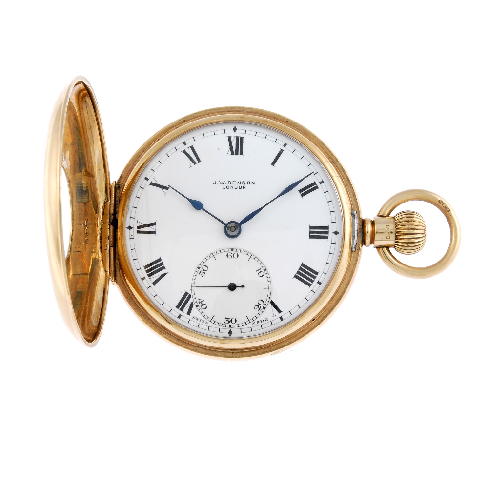 A half hunter pocket watch by J.W. Benson. 9ct yellow gold case with presentation inscription to