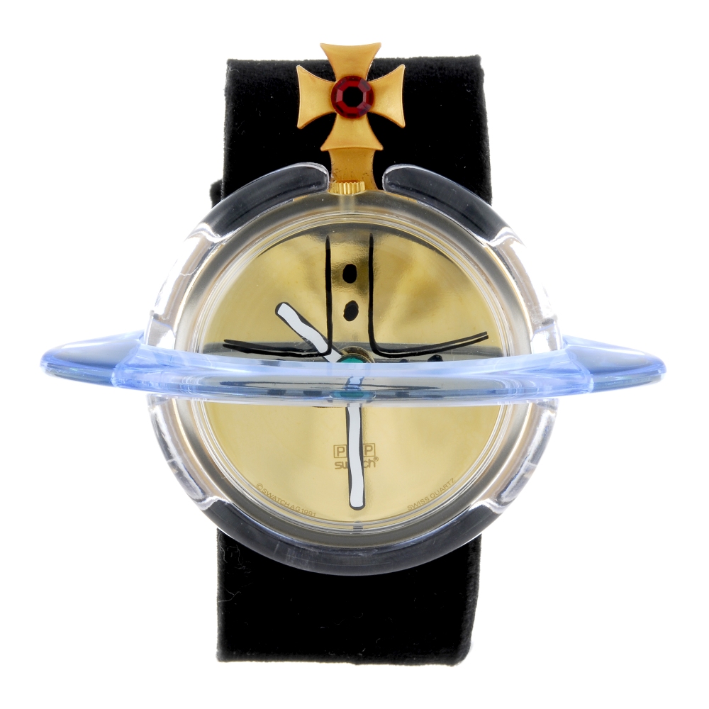 SWATCH - a lady's Vivienne Westwood Orb wrist watch. Plastic globus cruciger form case, blue halo