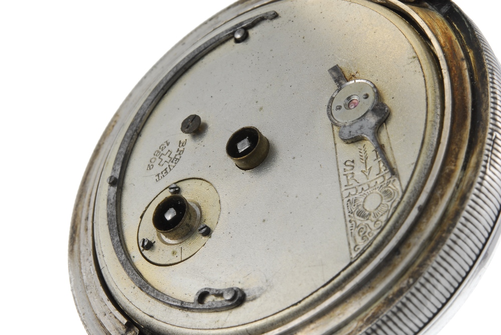 An open face pocket watch. White metal case, stamped 0.935. Numbered 142655. Unsigned key wind three - Image 3 of 4