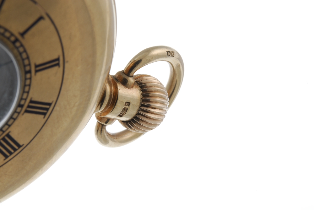 A half hunter pocket watch. 9ct yellow gold case with engraved cuvette, hallmarked Birmingham - Image 3 of 4