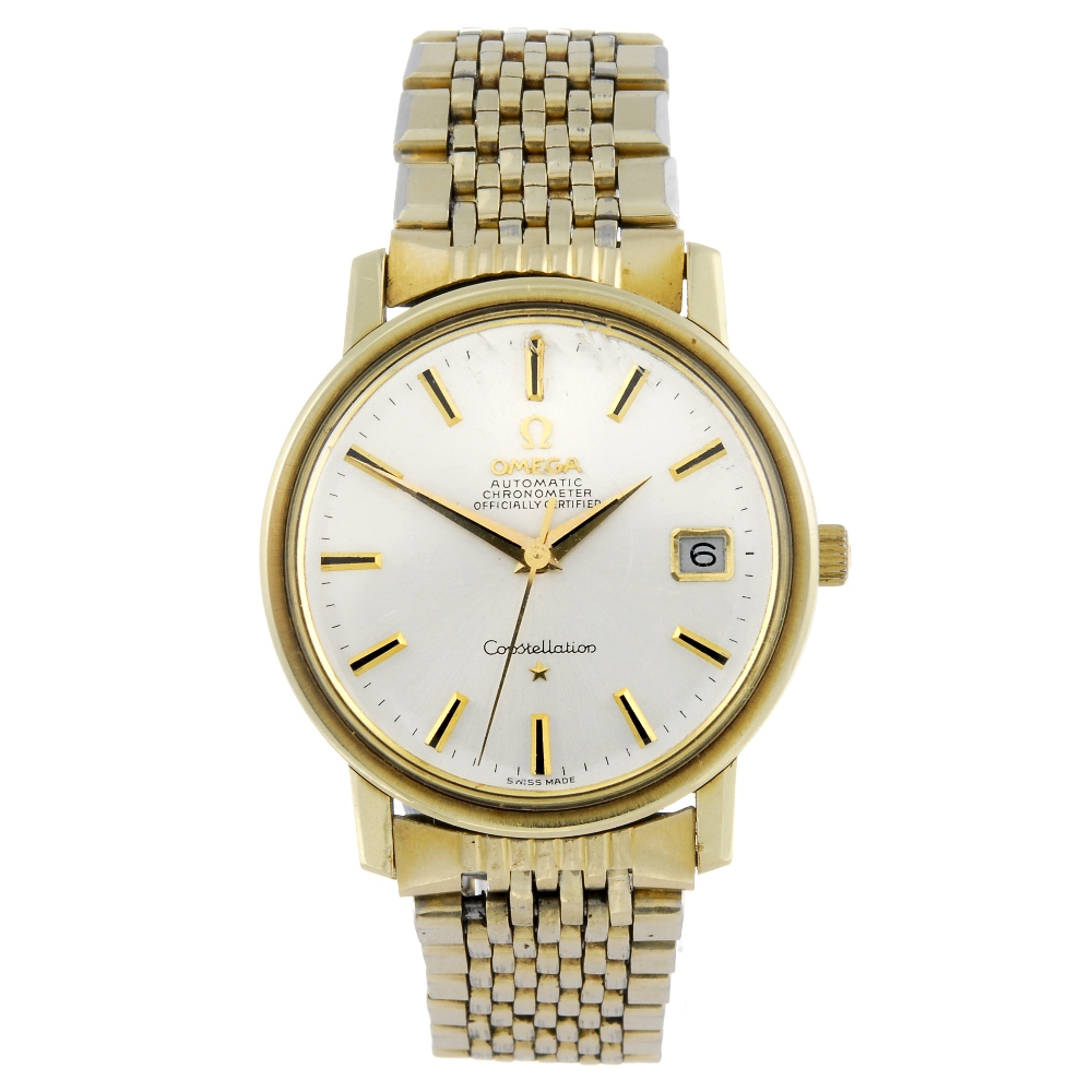 OMEGA - a gentleman's Constellation bracelet watch. Gold plated case with stainless steel case back.