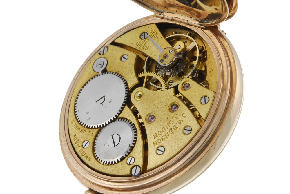 A half hunter pocket watch by J.W. Benson. 9ct yellow gold case with presentation inscription to - Image 4 of 4