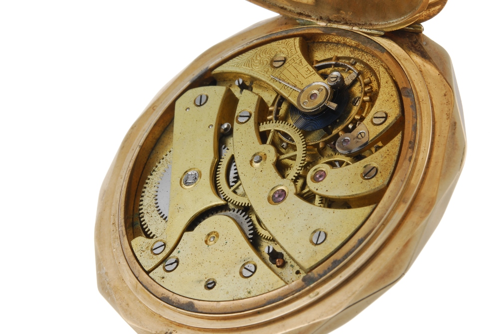 A full hunter pocket watch by Rigorosa. Yellow metal case, stamped 14K with poincon. Unsigned - Image 4 of 4