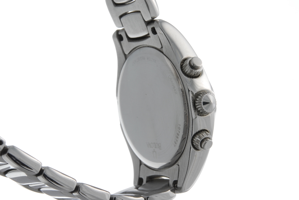 BULOVA - a lady's chronograph bracelet watch. Stainless steel case with factory diamond set bezel. - Image 3 of 4