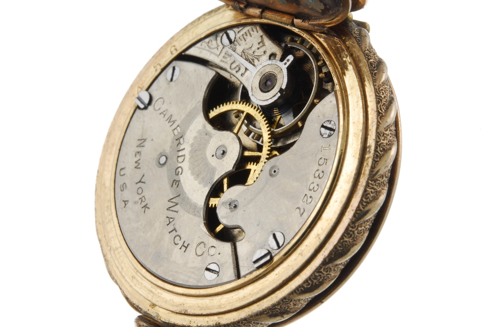 A full hunter fob watch by Cambridge Watch Co. Rose metal case, stamped 14k. Numbered 252456. Signed - Image 4 of 4