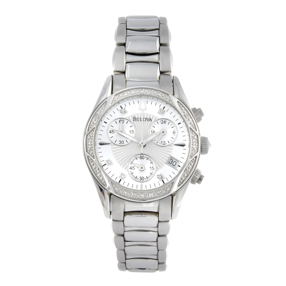 BULOVA - a lady's chronograph bracelet watch. Stainless steel case with factory diamond set bezel.