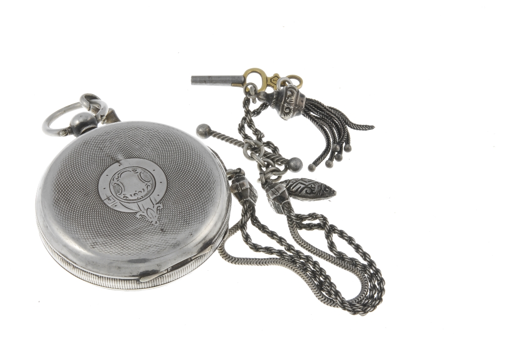 An open face pocket watch. White metal case, stamped 0.935. Numbered 142655. Unsigned key wind three - Image 4 of 4