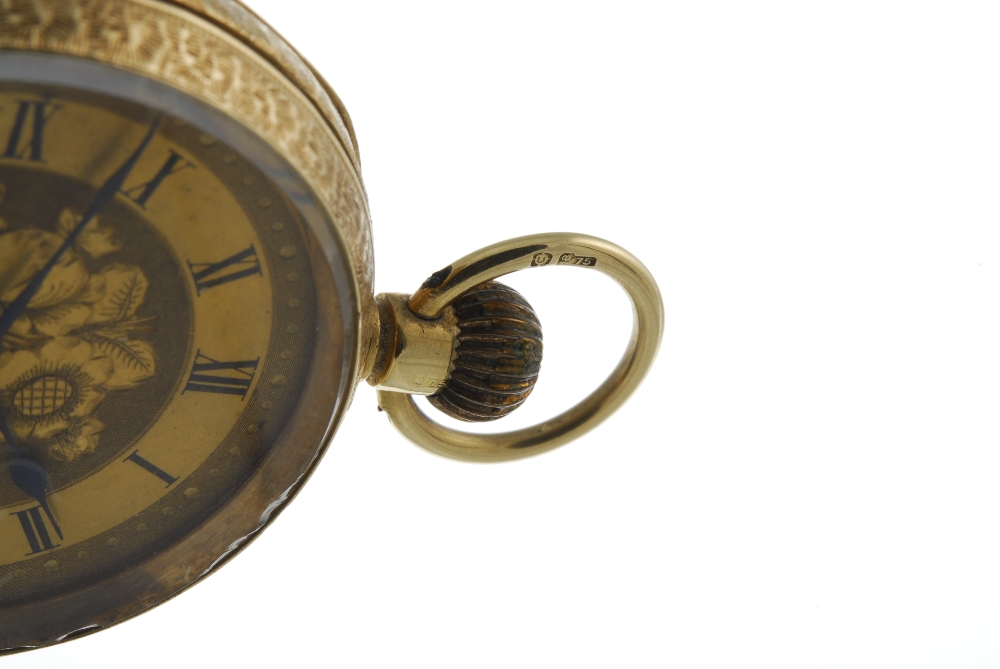 An open face pocket watch. 18ct yellow gold case, import hallmark London 1909. Unsigned keyless wind - Image 3 of 4