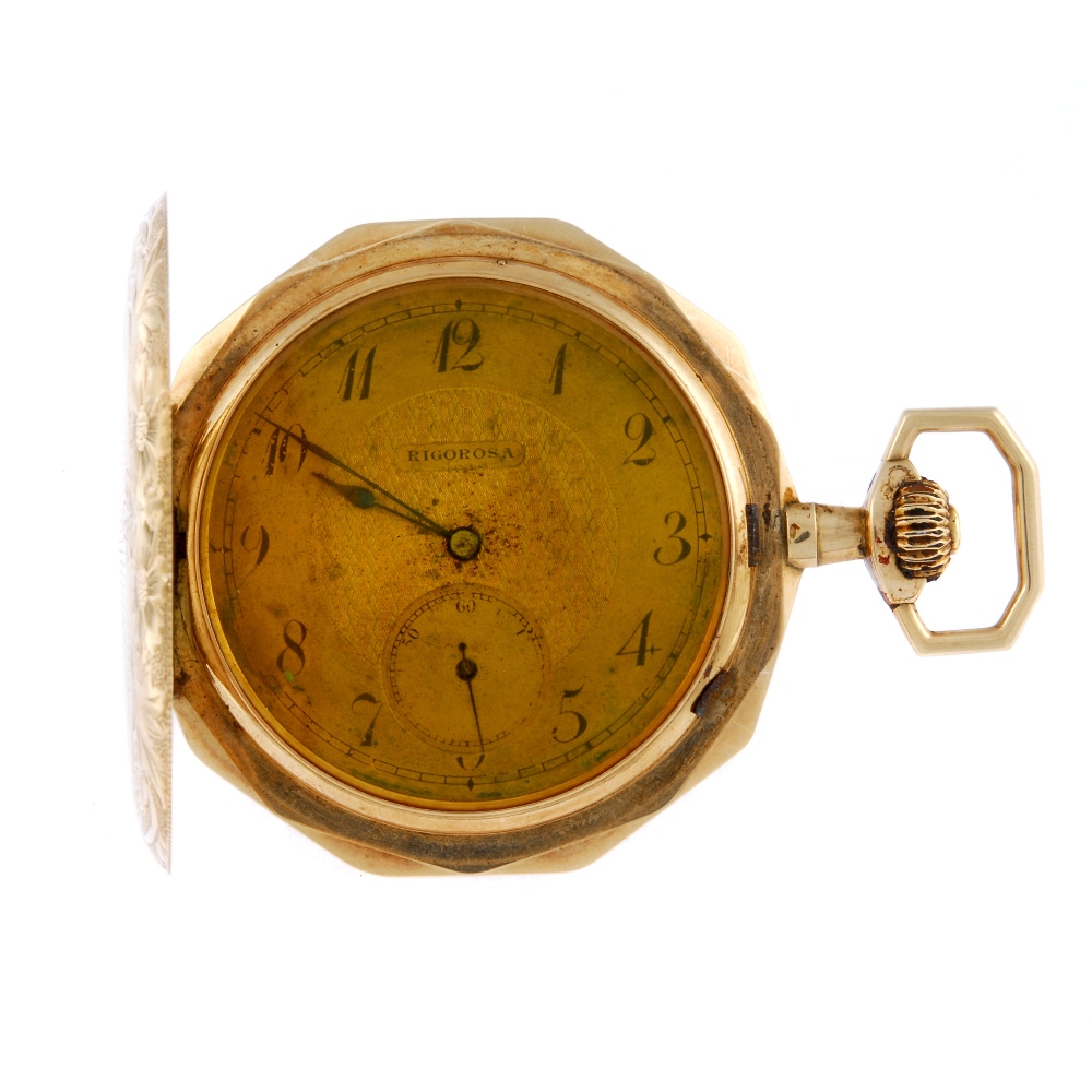 A full hunter pocket watch by Rigorosa. Yellow metal case, stamped 14K with poincon. Unsigned