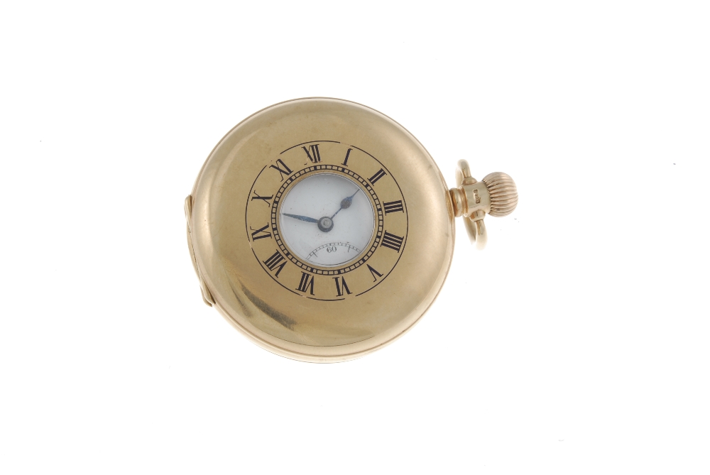 A half hunter pocket watch. 9ct yellow gold case with engraved cuvette, hallmarked Birmingham - Image 2 of 4