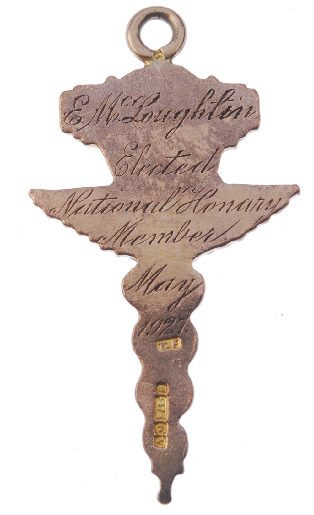 A 1920's 9ct gold U.P.W fob medal, the winged sword with enamelled plaque and personal inscription - Image 2 of 2