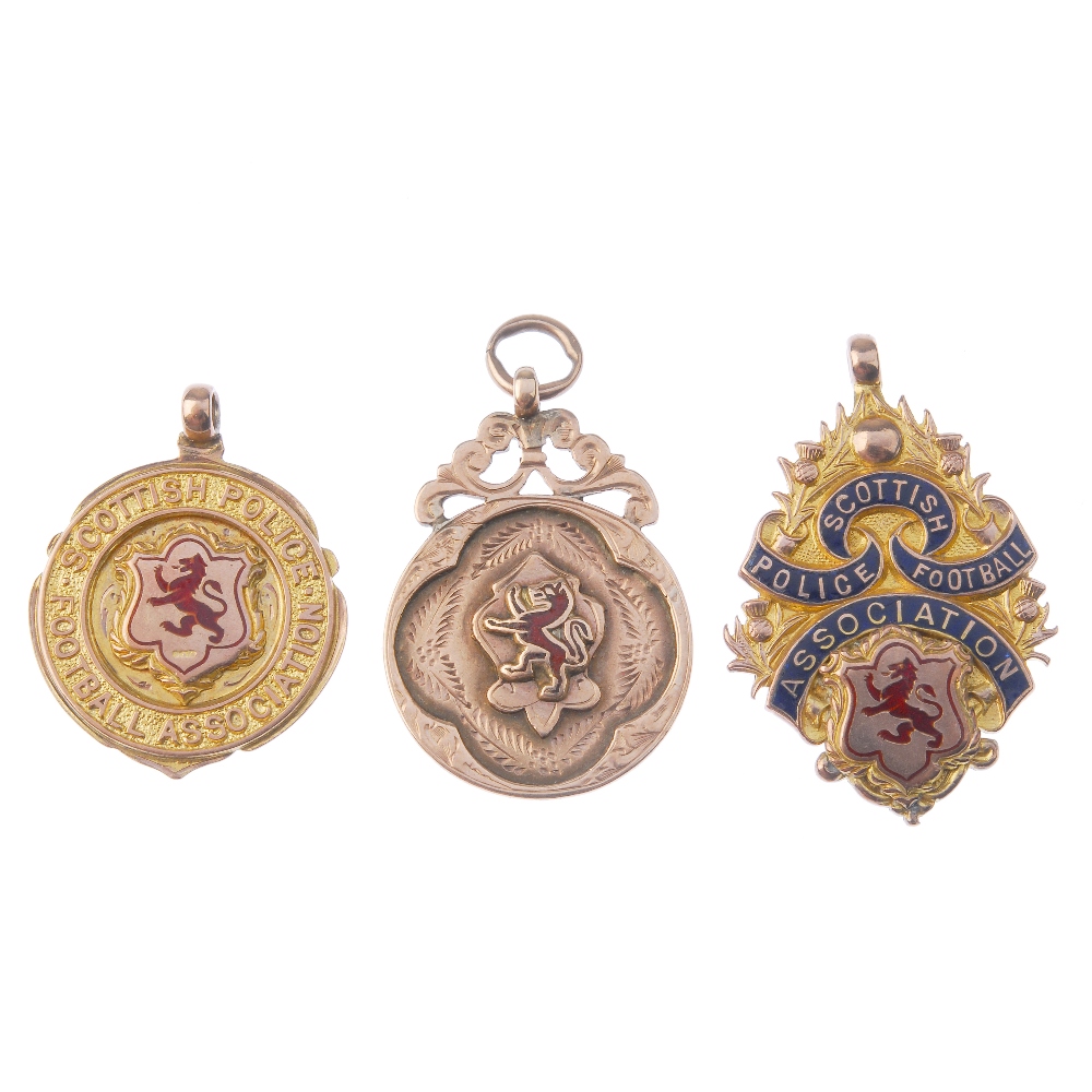 Three 9ct gold Scottish Police Football Association fob medals each engraved to the reverse,