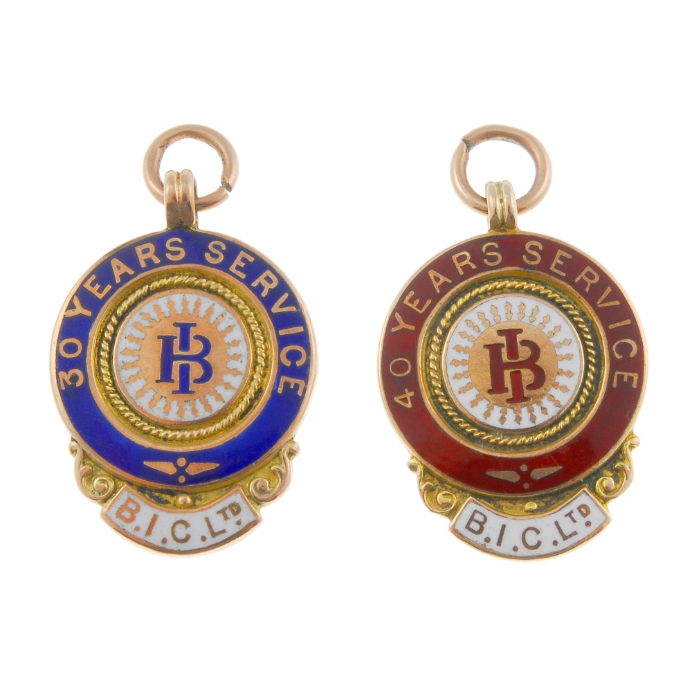 Two late Victorian 9ct gold and enamel medals for 30 and 40 years service, the reverse engraved