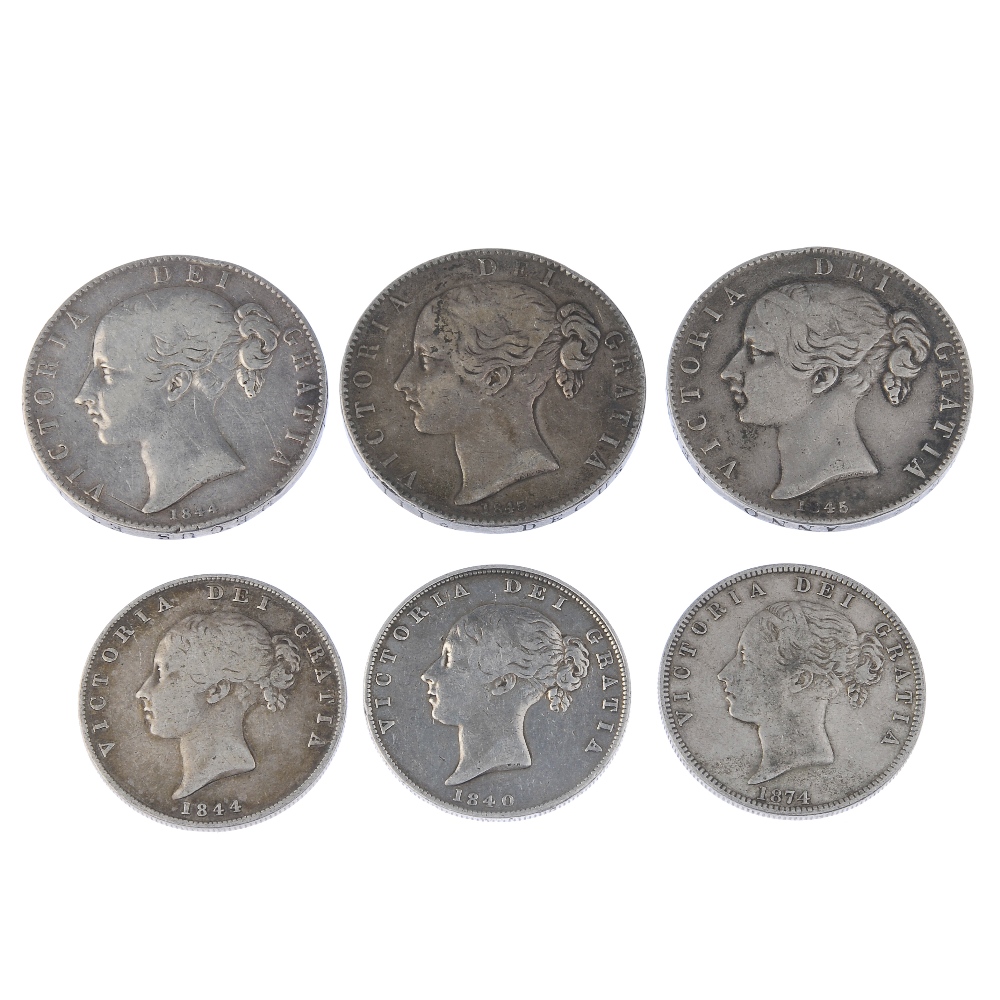 Victoria, Crowns (3) 1844 VIII, 1845 VIII (S 3882), Halfcrowns (3), 1840, 1844, 1874 (S 3887,