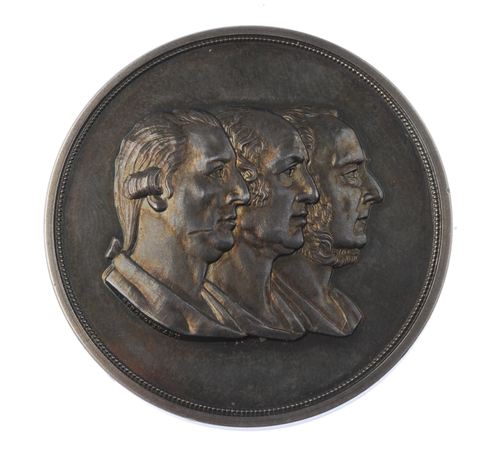 Centenary of the Times newspaper 1885, silver medal by Strongi'th'arm, conjoined busts of three - Image 2 of 4