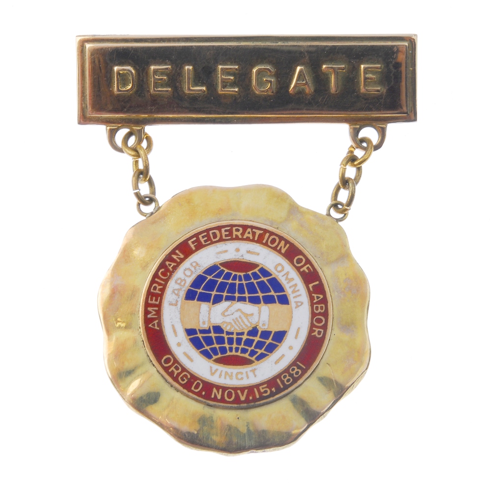 American Federation of Labor, Delegate badge, stamped 14kt, central enamel plaque and presentation