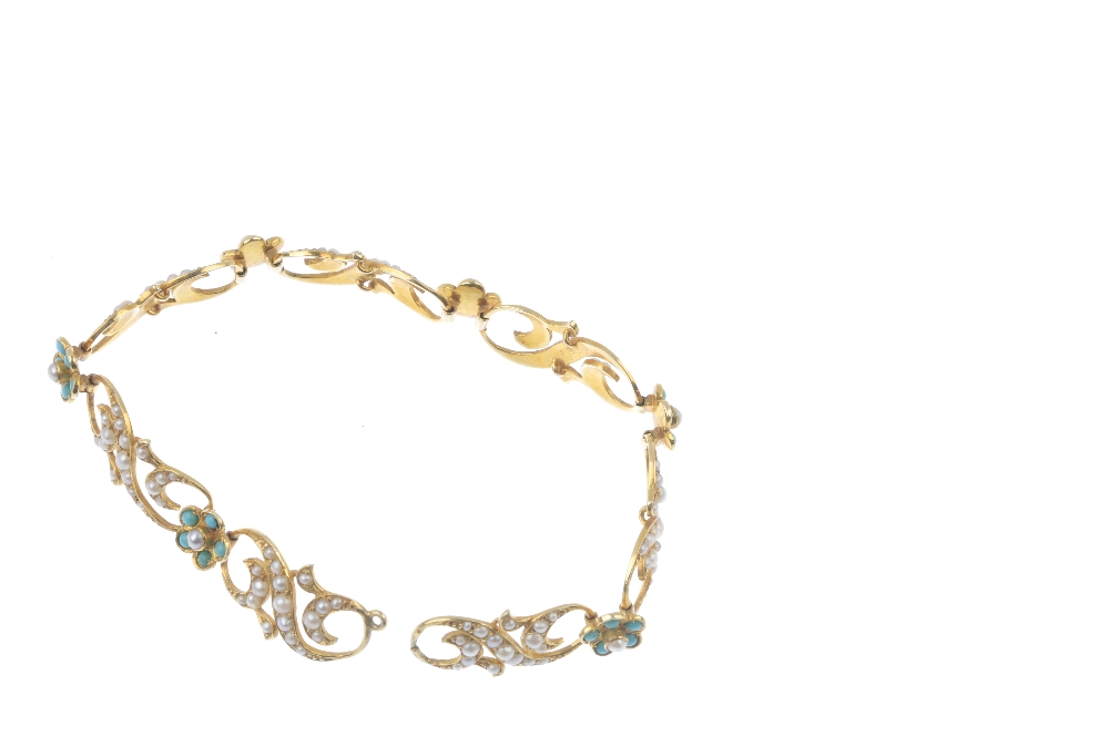 An early 20th century 15ct gold turquoise and split pearl bracelet. Designed as a series of split - Image 6 of 6