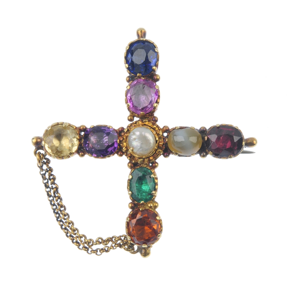 A mid 19th century gold multi-gem cross brooch, circa 1840. Designed as two crossed lines of various - Image 2 of 4