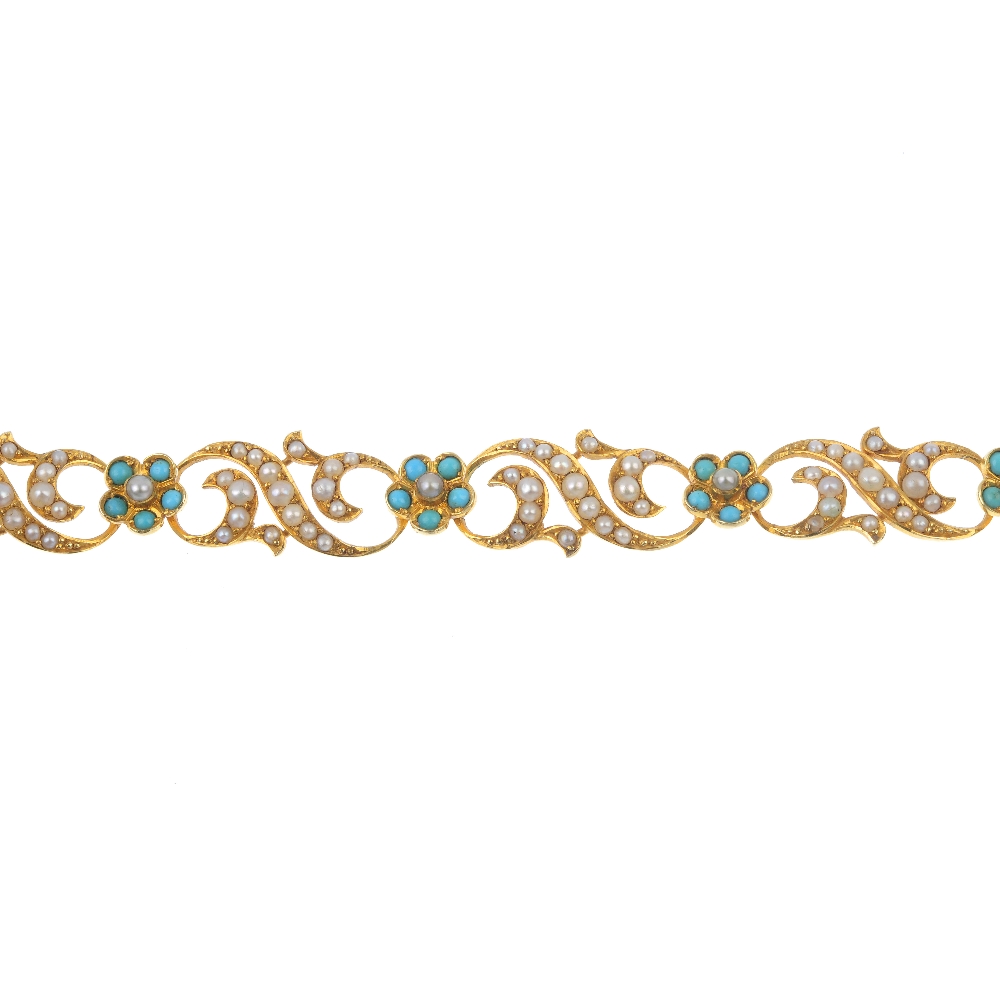 An early 20th century 15ct gold turquoise and split pearl bracelet. Designed as a series of split - Image 2 of 6