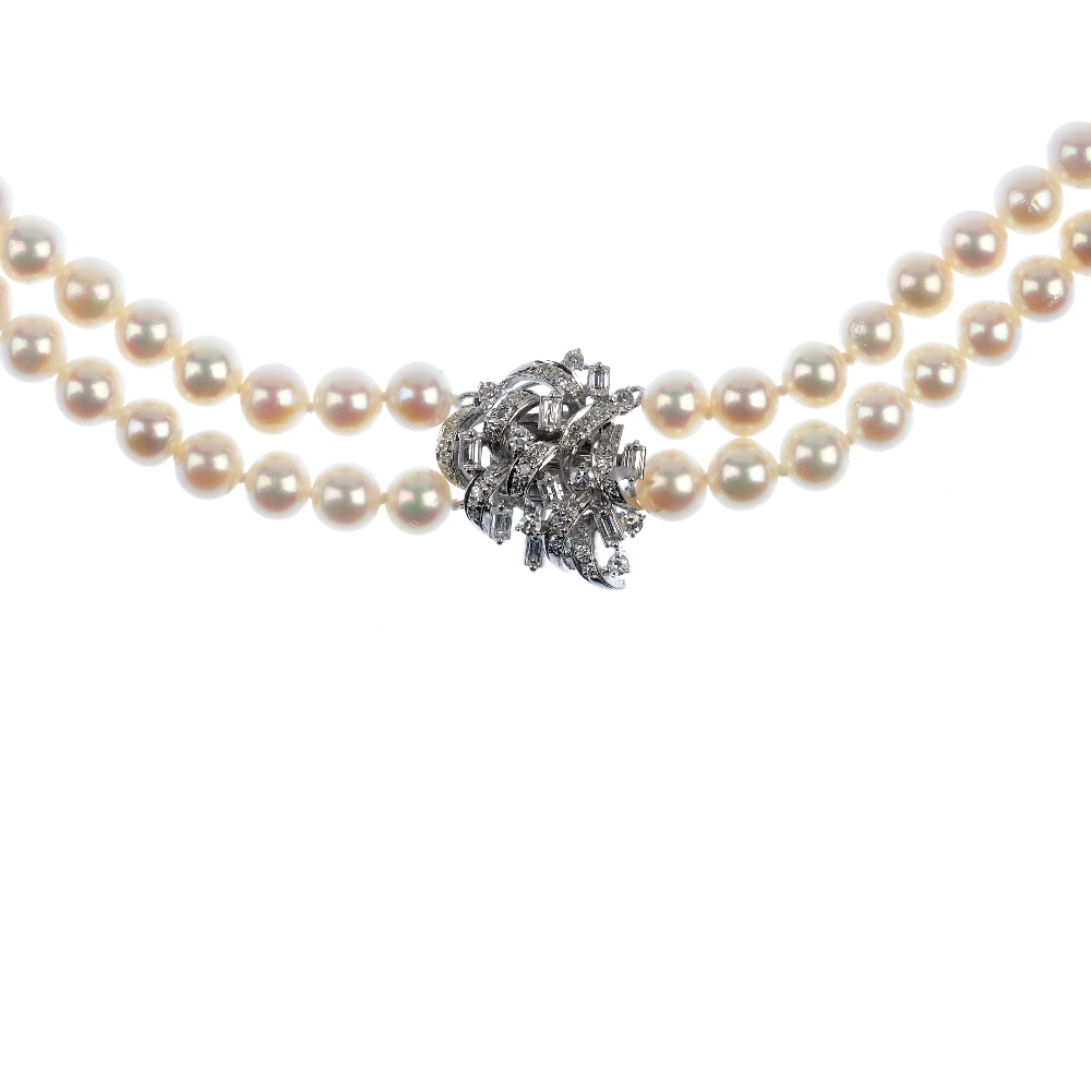 A cultured pearl and diamond necklace. Comprising eighty-seven and eighty-three cultured pearls,