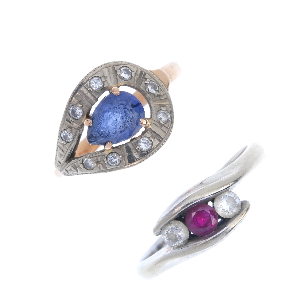 Two diamond and gem-set rings. To include a 9ct gold ruby and diamond three-stone crossover ring,