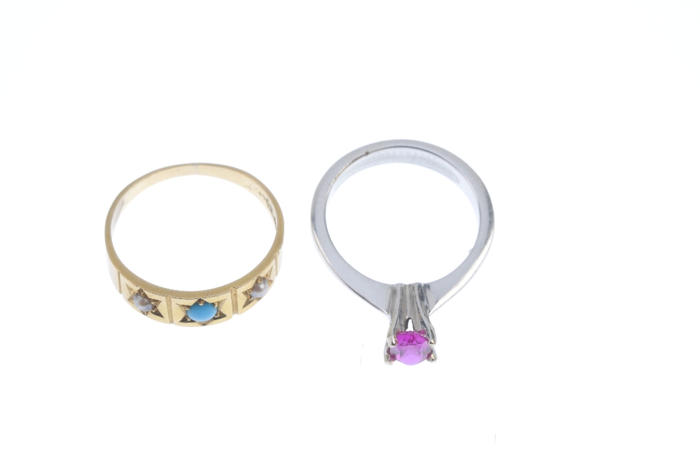 Two gem-set rings. To include a late 19th century 18ct gold turquoise and split pearl dress ring, - Image 2 of 3