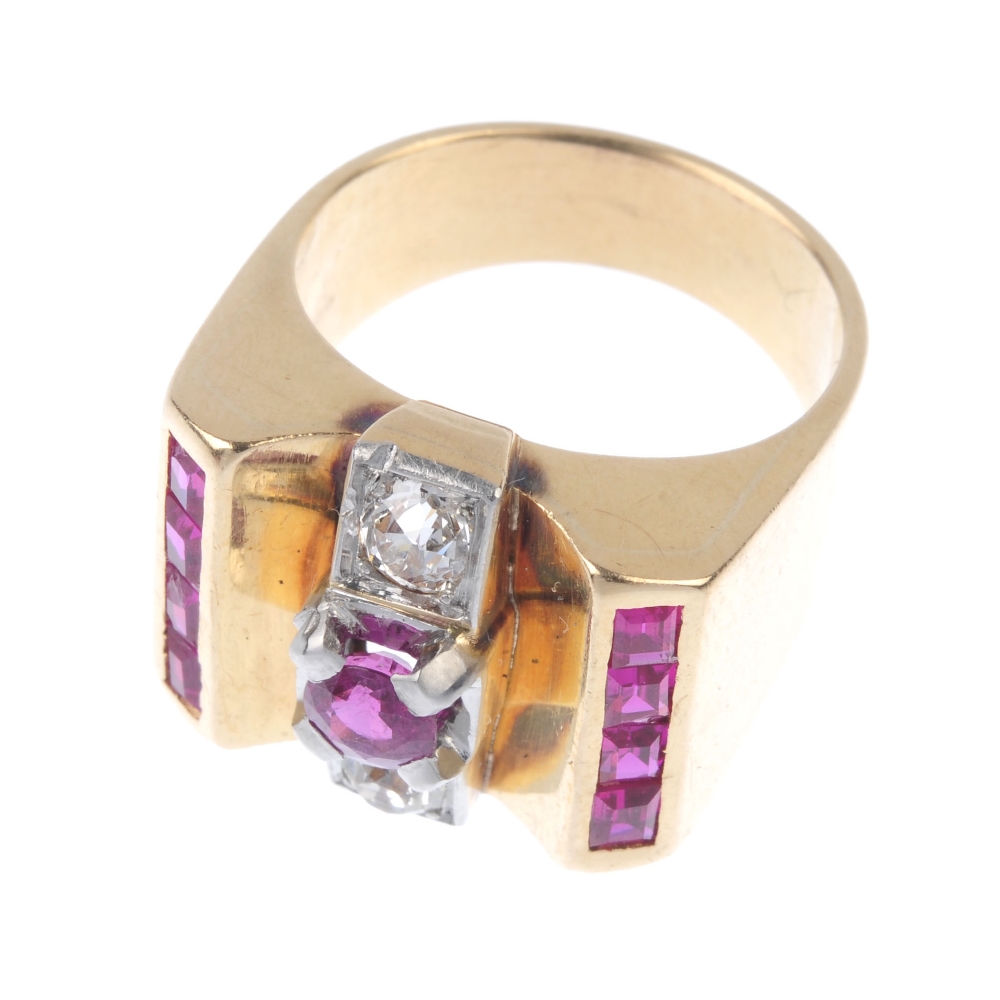 A ruby, diamond and synthetic ruby ring. The circular-shape ruby and old-cut diamond line, to the - Image 2 of 4