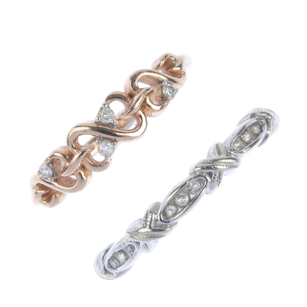 A selection of three 9ct gold rings. To include a vari-cut diamond half-circle eternity ring, an