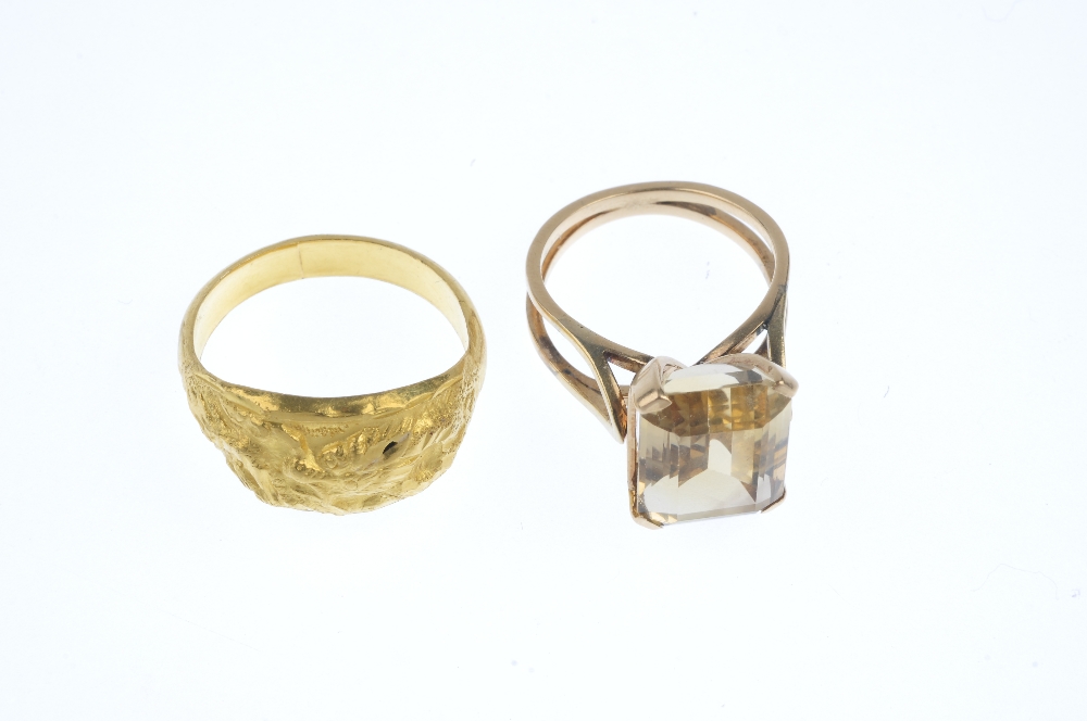 Two dress rings. To include a rectangular-shape citrine single-stone ring with bifurcated band, - Image 2 of 3