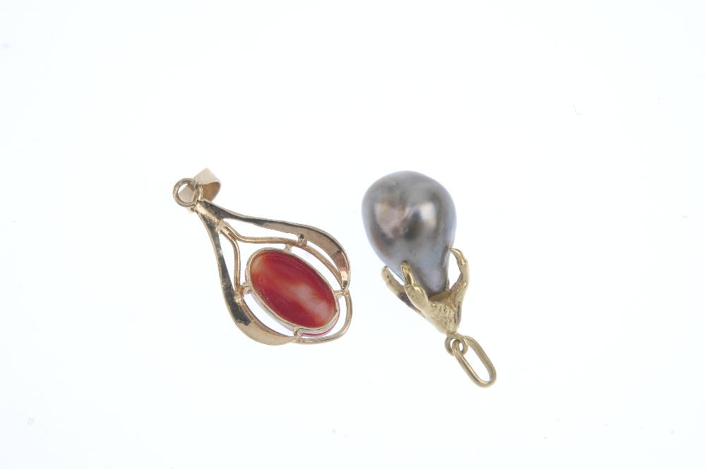 Two gem-set pendants. To include a grey baroque cultured pearl pendant with textured claw - Image 2 of 2
