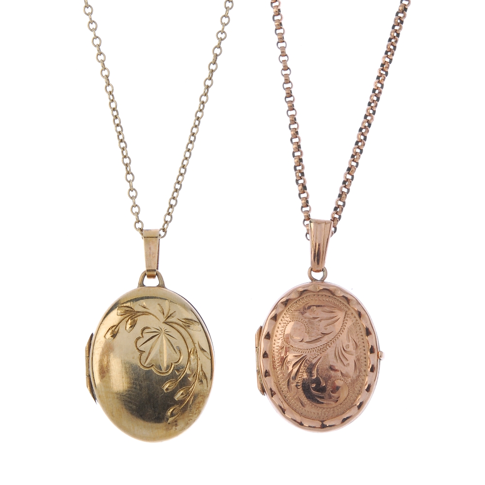 A selection of three lockets. To include two oval shape lockets with foliate motif, each suspended